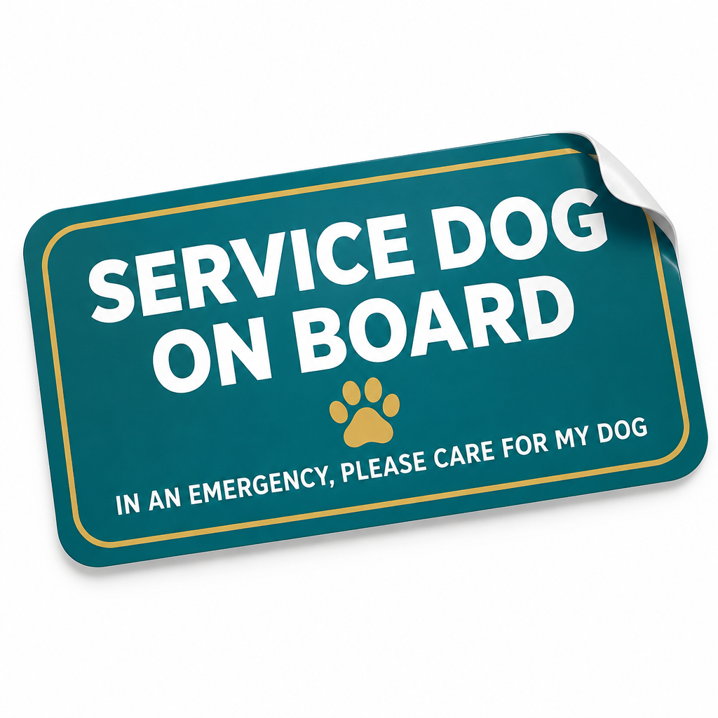 Service Dog on Board car window decal, teal with emergency message