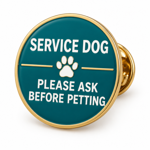 Service Dog Please Ask Before Petting enamel pin, teal with gold rim