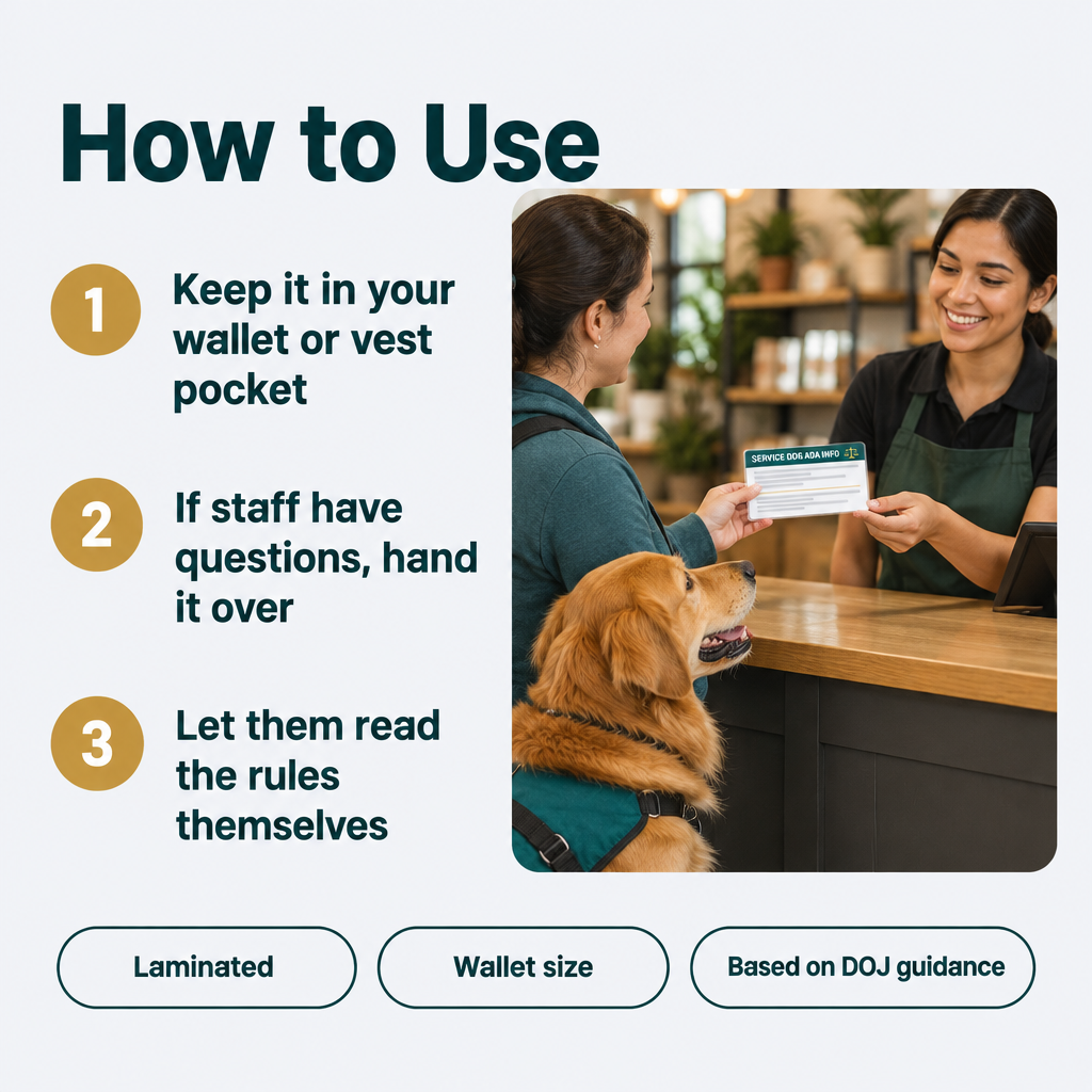 Handler showing the ADA service dog card to store staff with service dog beside