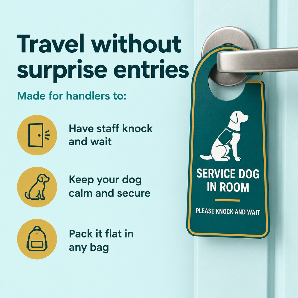Service dog hotel door hanger benefits: staff knock and wait, calm dog, packs flat
