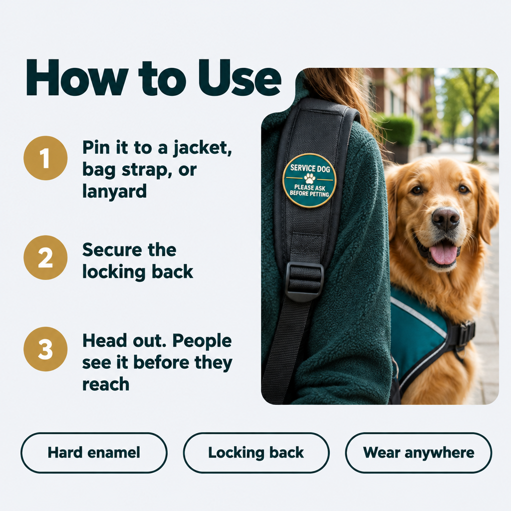 How to use the service dog pin on a backpack strap next to a working service dog
