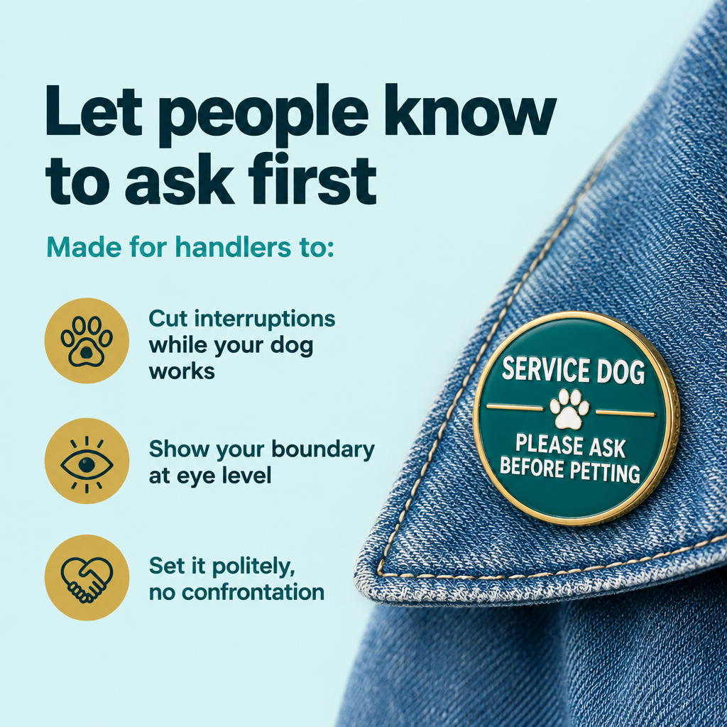 Service dog pin benefits: fewer interruptions, boundary at eye level, polite message