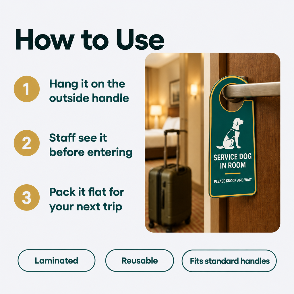 How to use the service dog door hanger on a hotel room door