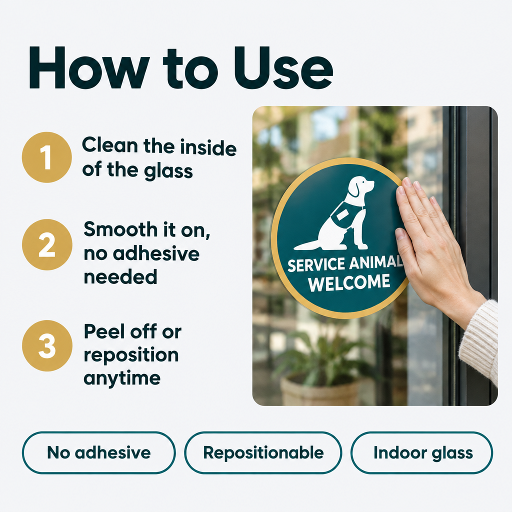 How to apply the Service Animals Welcome static cling to storefront glass