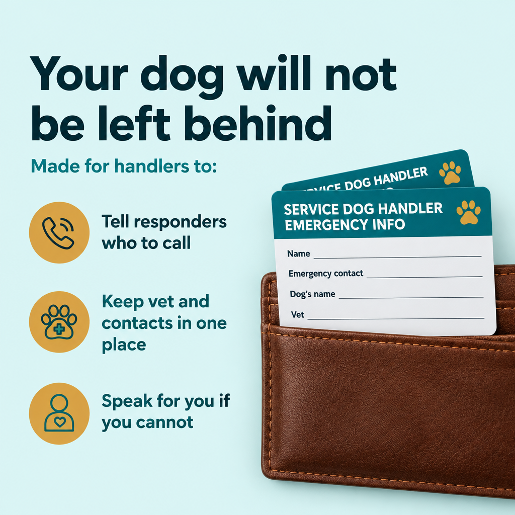 Service dog handler emergency card in a wallet: tells responders who to call