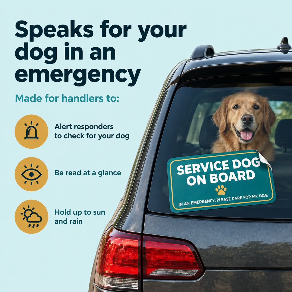 Service Dog on Board decal on an SUV rear window alerting first responders