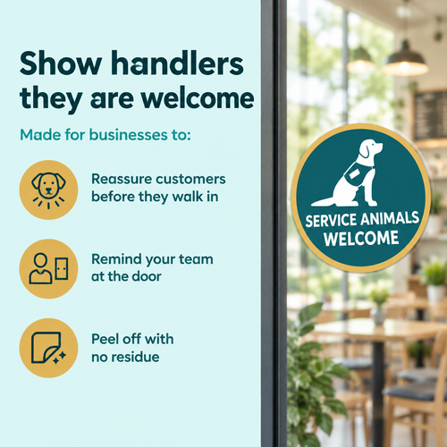 Service Animals Welcome window cling on a cafe door: reassures customers, no residue