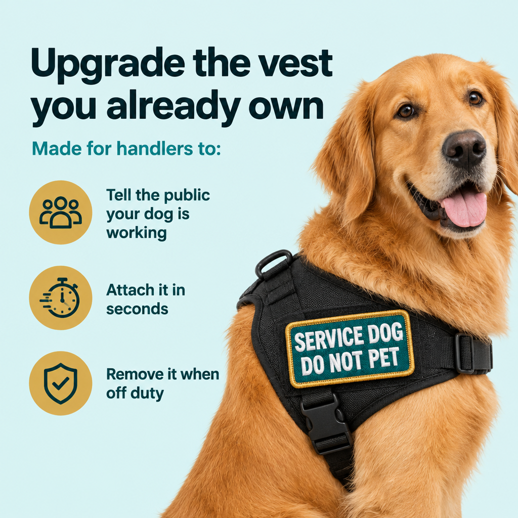 Service Dog Do Not Pet patch on a golden retriever's harness