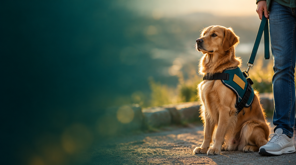 Golden retriever service dog in a teal working vest sitting beside its handler at golden hour